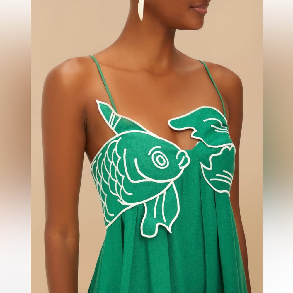 NWT Viral Iconic Farm Rio Green Fish Dress Koi Size S Small - Picture 4 of 6